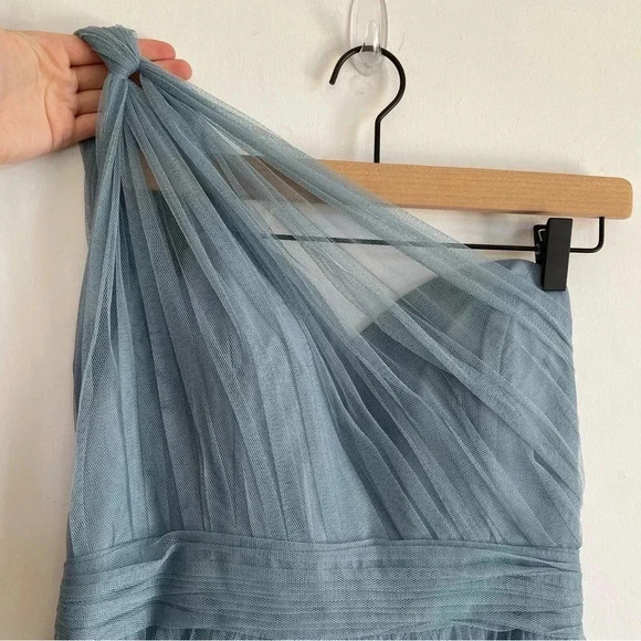 Revelry Belle Tulle Blue Gray Maxi Bridesmaid Wedding Dress One Shoulder Formal - Picture 4 of 15